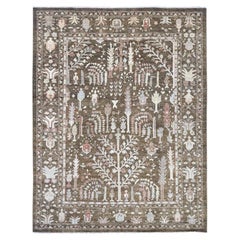 9'2"x11'8" Brown Afghan Angora Oushak Tree Design Hand Knotted Wool Oriental Rug