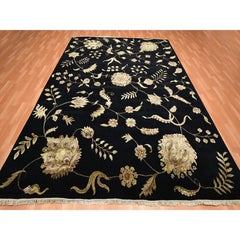 9'2"x11'8" Caviar Black Wool and Silk Botanical Design Hand Knotted Oriental Rug