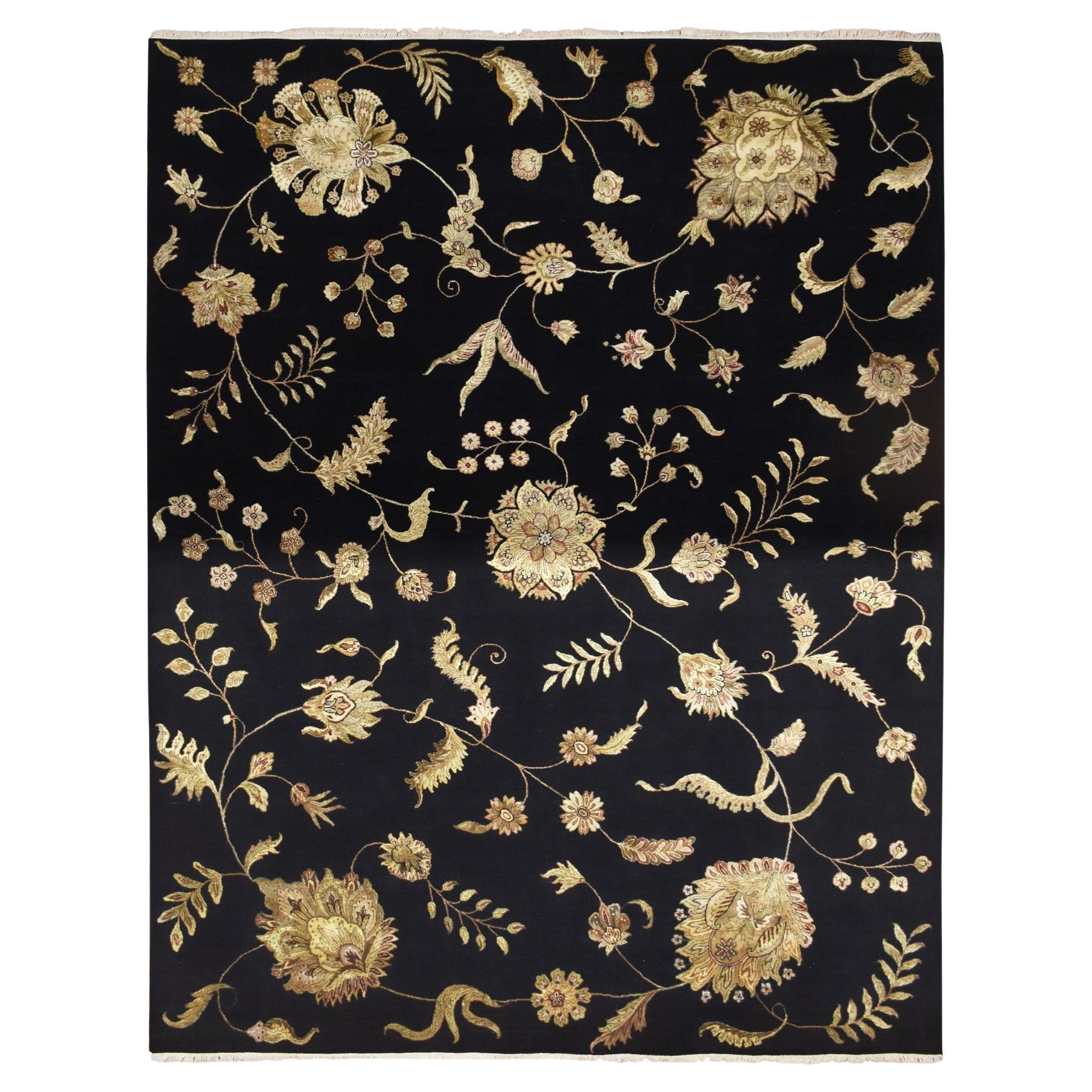 9
2 "x11
8" Caviar Black Wool and Silk Botanical Design annodato a mano Oriental Rugs