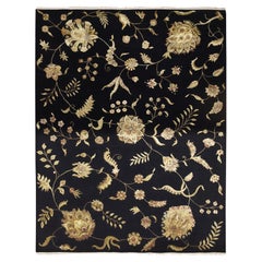9
2 "x11
8" Caviar Black Wool and Silk Botanical Design annodato a mano Oriental Rugs
