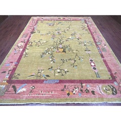 9'2"x11'8" Green Chinese Art Deco Inspired Peshawar Hand Knotted Soft Wool Rug