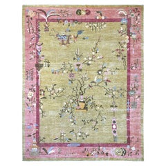 9'2"x11'8" Green Chinese Art Deco Inspired Peshawar Hand Knotted Soft Wool Rug
