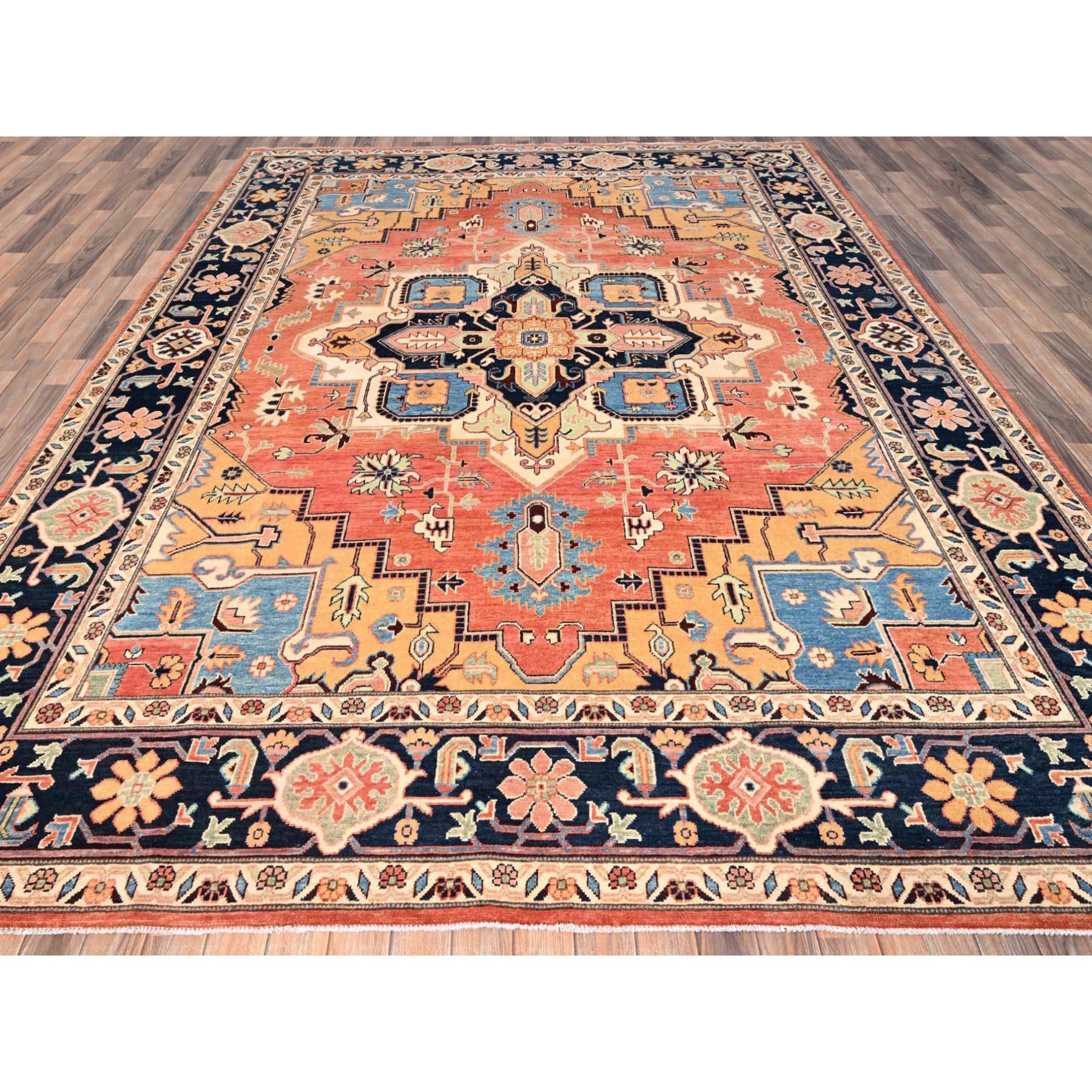 Orange poussiéreux, Afghan Peshawar avec Serapi Heriz Design, tissage dense, teintures végétales, pure laine, noué à la main, tapis d'Orient
Matières premières : Laine
Latex : Pas de poils 
hauteur : 0,25 pouces
Style : Traditionnel
Couleur primaire