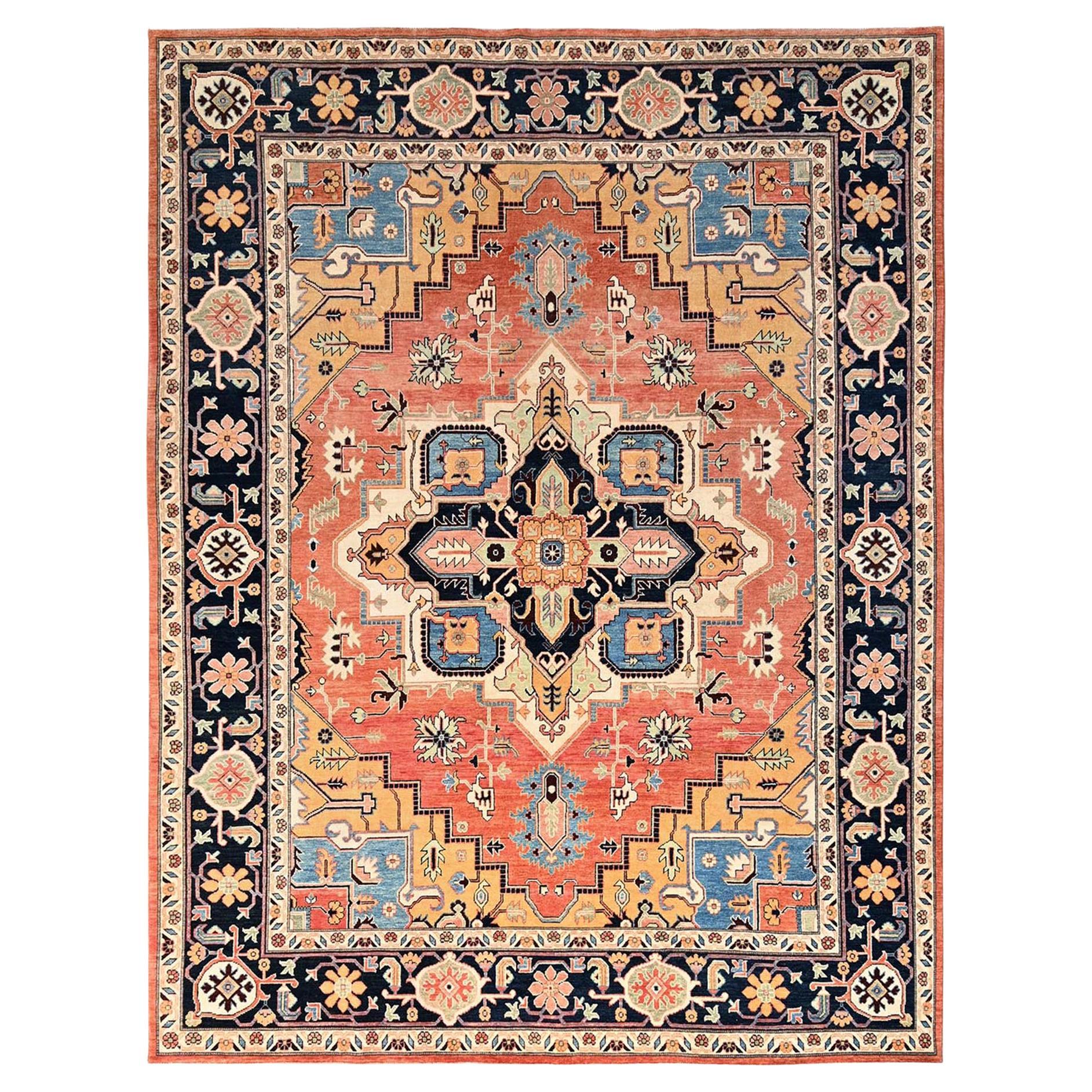 9
2"x11
8" Orange Afghan Peshawar with Serapi Heriz Design Hand Knotted Wool Rug