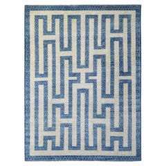 9'2"x11'9" Blue Maze Design with Berber Influence Hand Knotted Soft Wool Rug