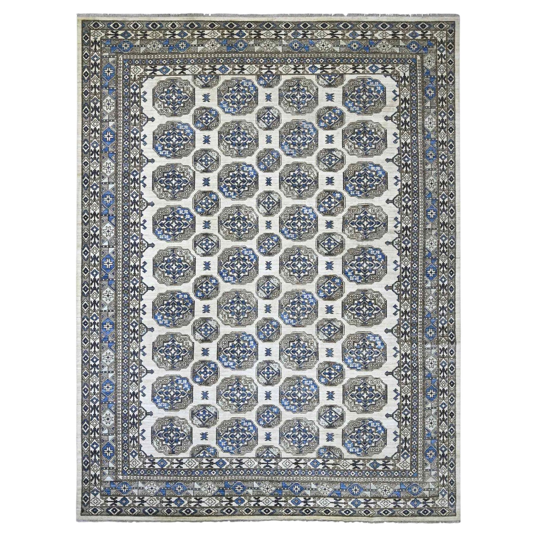 9'2"x11'9" Ivory Afghan Ersari with Elephant Feet Design Hand Knotted Wool Rug