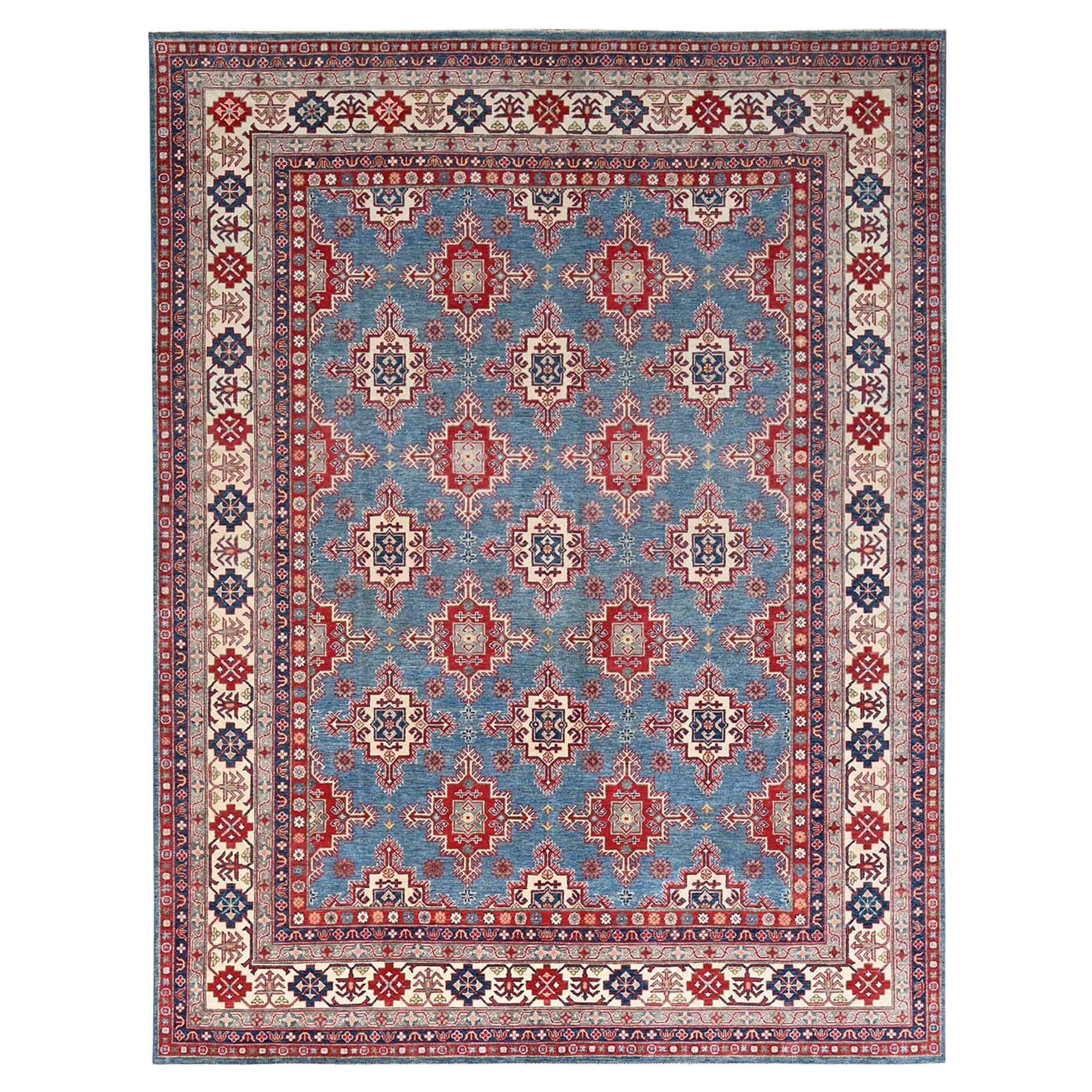 9'2 "x11'9" Yale Azul Anudada a Mano Medallones Geométricos Pura Lana Alfombra Oriental