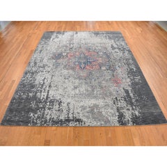9'2"x12' Arsenic Gray, Wool and Silk, Erased Heriz Design Hand Knotted Rug