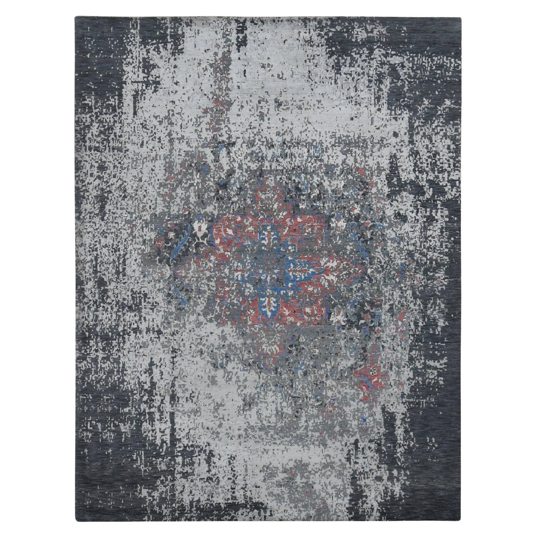 9'2 "x12' Grigio Arsenico, Lana e Seta, Tappeto Annodato a Mano con Disegno Heriz Cancellato in vendita