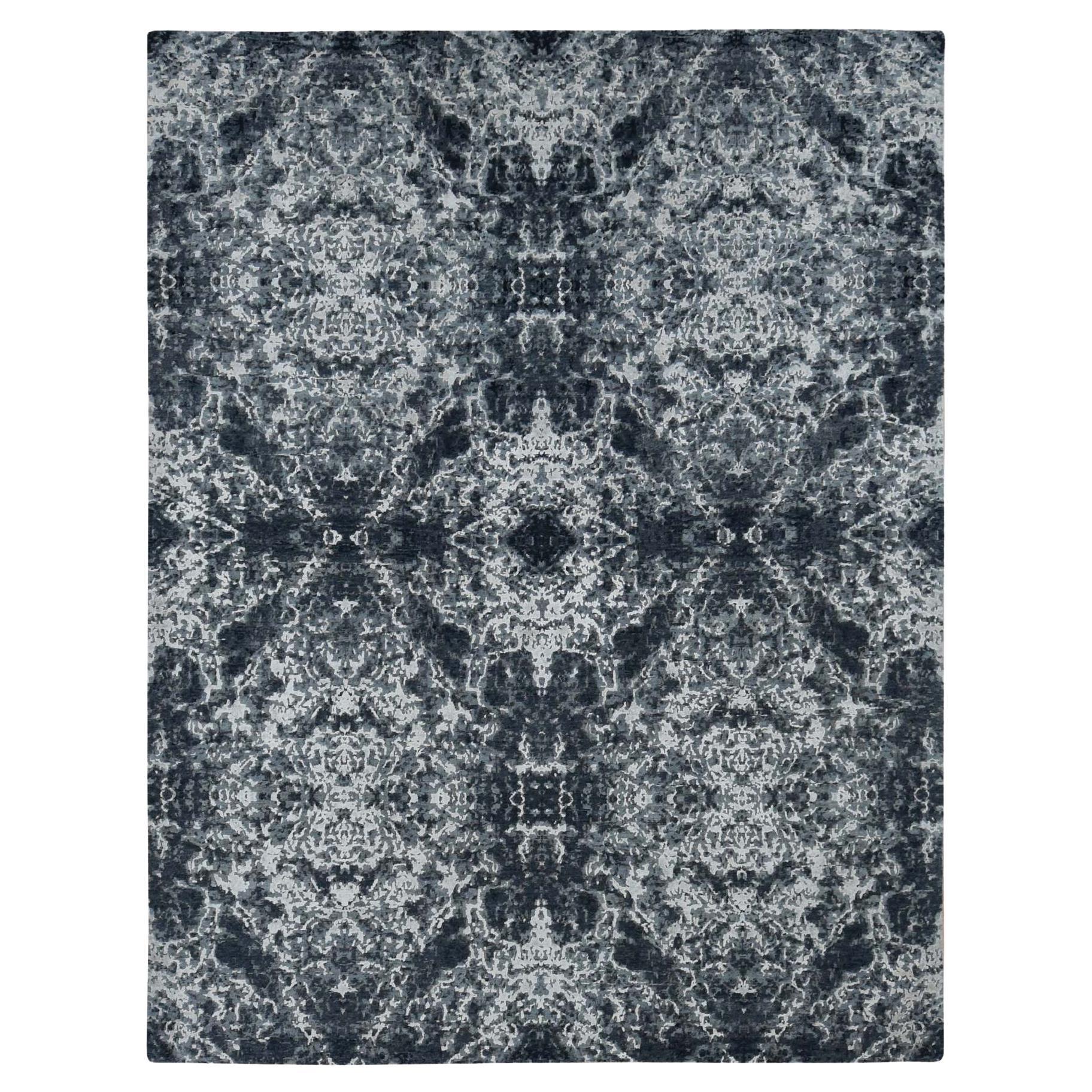 9'2''x12' Nero, Annodato a mano, Lana e Seta, Tappeto dal design moderno Tie Dye in vendita