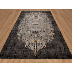 9'2"x12' Black The Maharaja Lion Novelty Wool & Silk Hand Knotted Oriental Rug