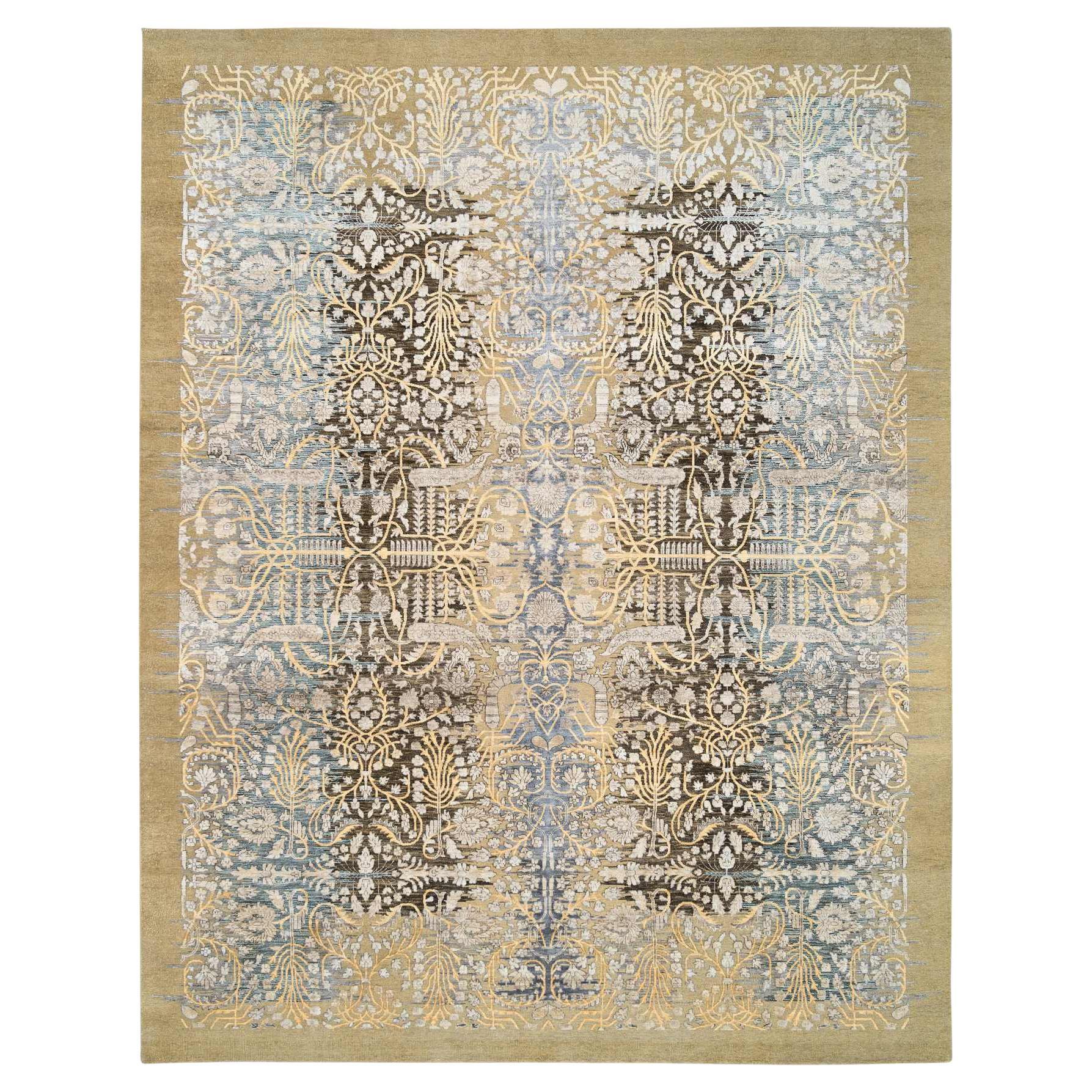 9'2 "x12' Marrone oro, Seta con lana testurizzata, annodato a mano, Tappeto orientale