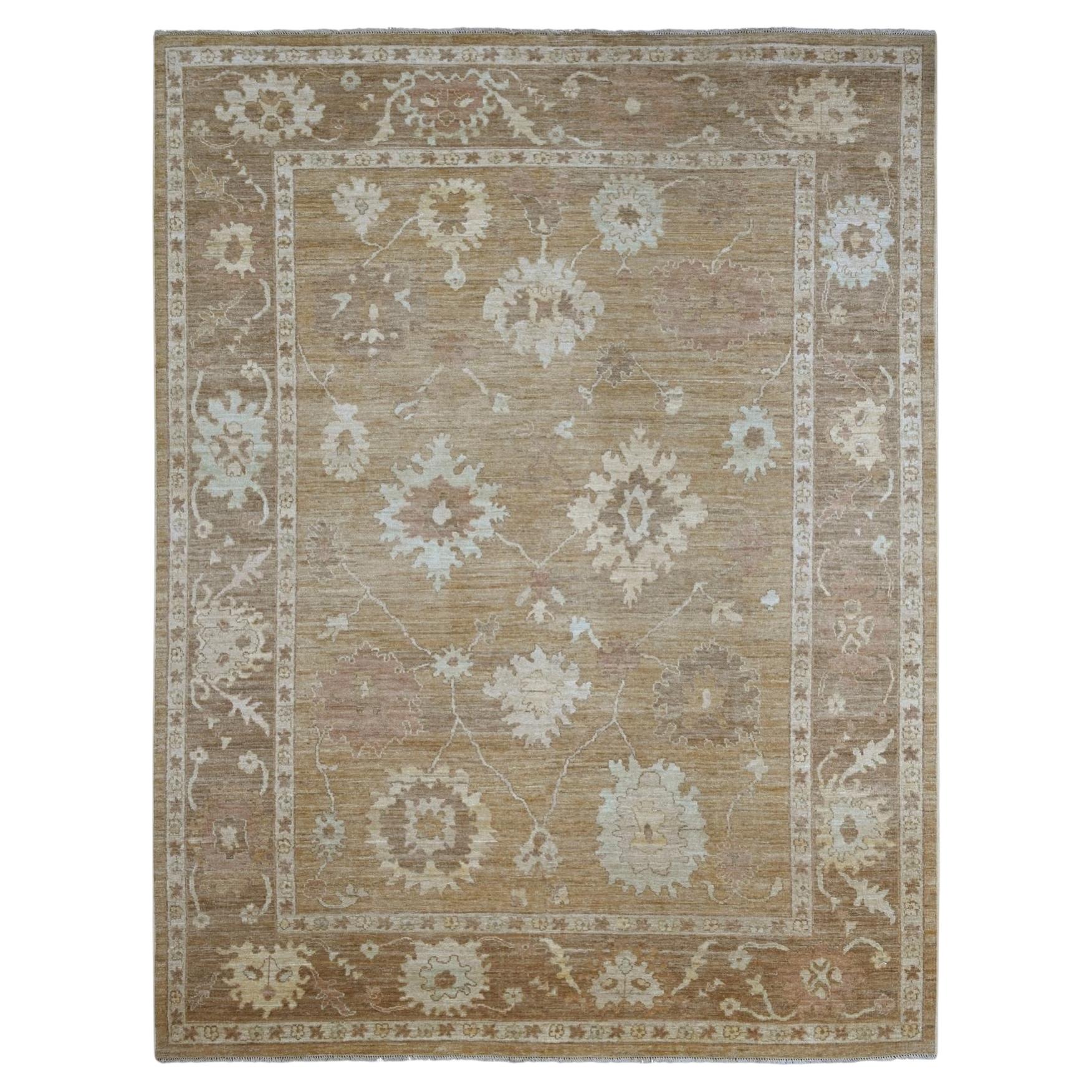 9'2 "x12' Honigbrauner Angora Oushak mit Blatt-Design Handgeknüpfter Teppich aus reiner Wolle im Angebot