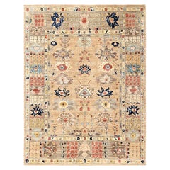 9'2"x12' Light Brown Hand Knotted High Mountain Wool Heriz All Over Design Rug