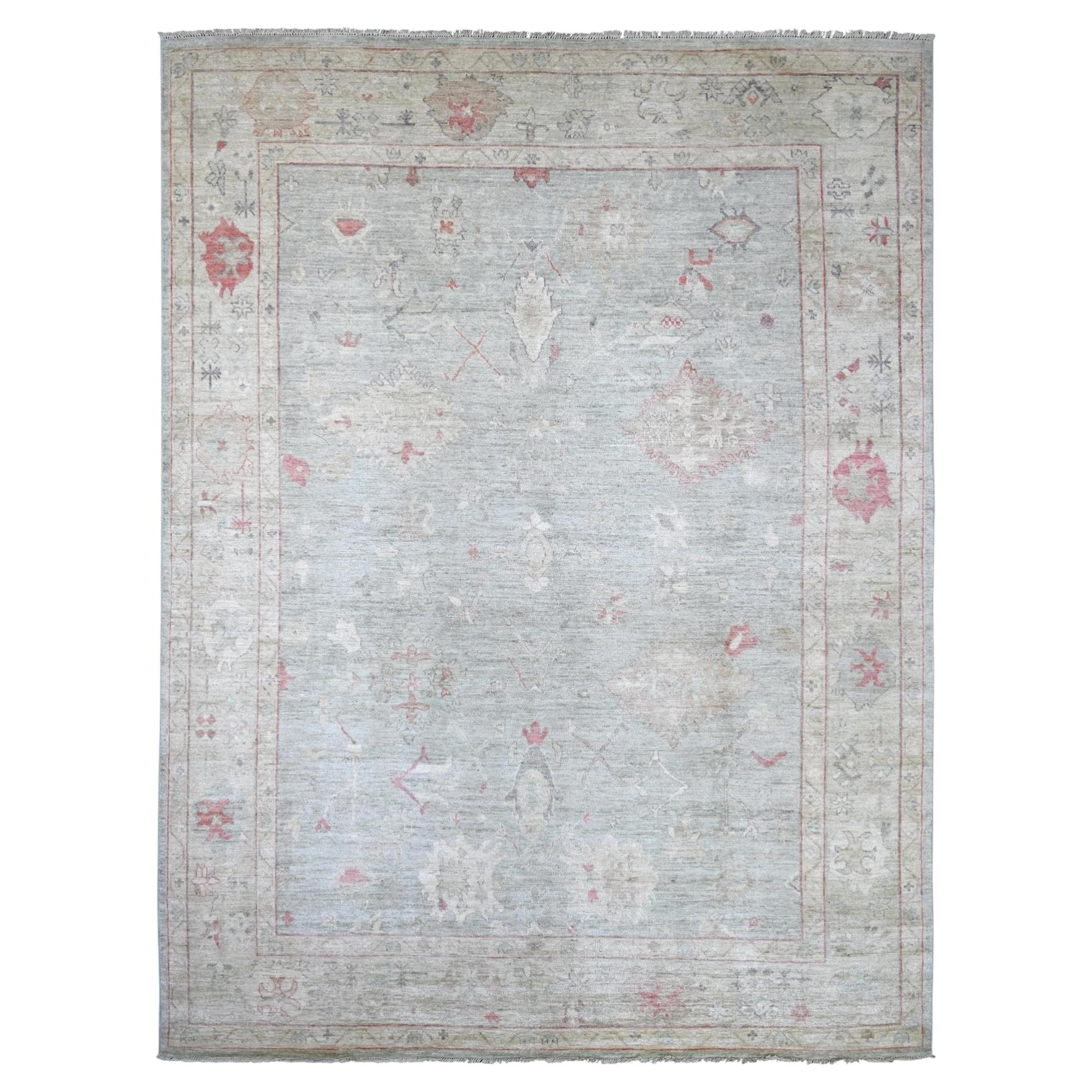 9'2"x12' Light Gray Afghan Angora Oushak Leaf Design Hand Knotted Pure Wool Rug