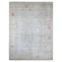 9'2 "x12' Tappeto afgano grigio chiaro di angora Oushak con disegno di foglie annodato a mano in pura lana