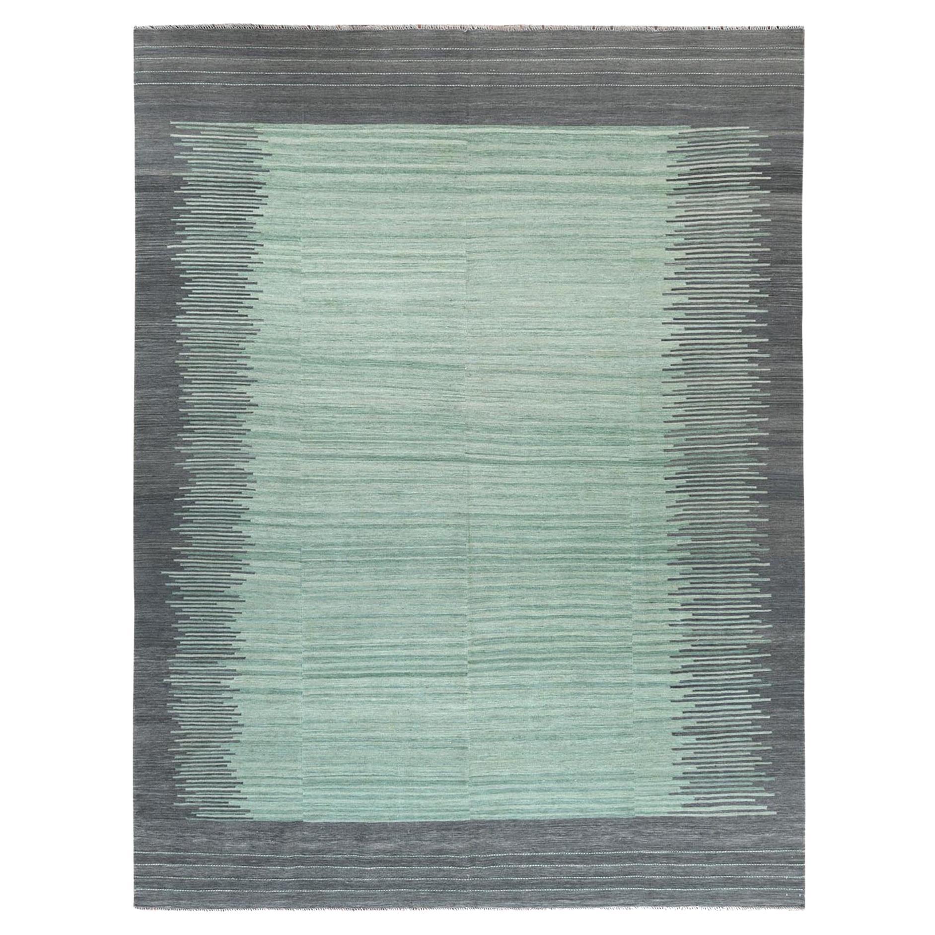 9'2"x12' Light Green With Nomadic Design Flat Weave Kilim Hand Woven Rug