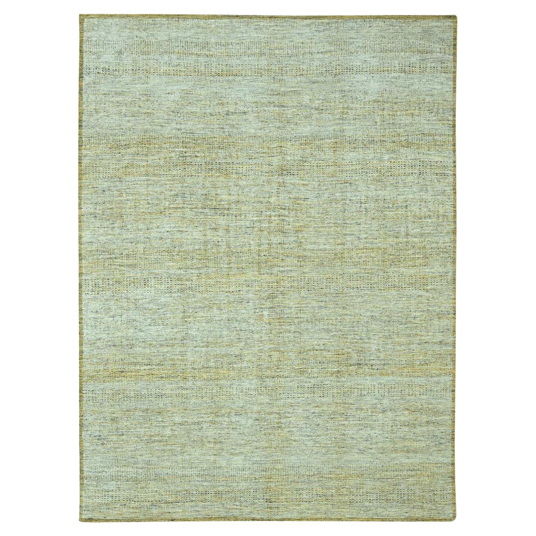 9'2"x12' Yellow Hand Knotted 100% Wool Oxidized and Distressed Grass Design Rug