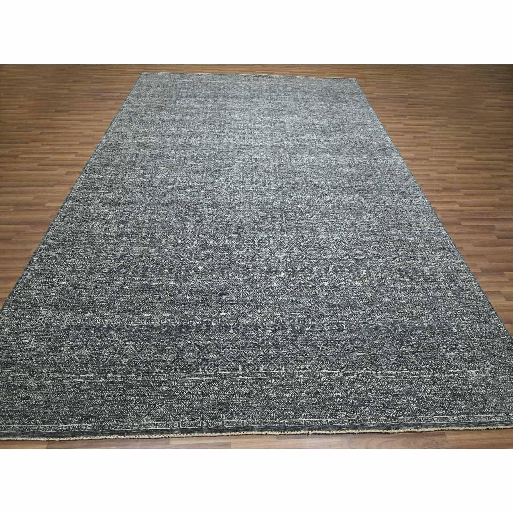 Pebble Gray, Geometric Garden Pattern, Agra, Tone on Tone, Dense Weave, Hand Knotted, Pure Wool, Oriental Rug
Primary materials: Wool
Latex: No Pile 
height: 0.25 Inches
Style: Contemporary
Primary color: Grey
Secondary colors: Ivory
Pattern: