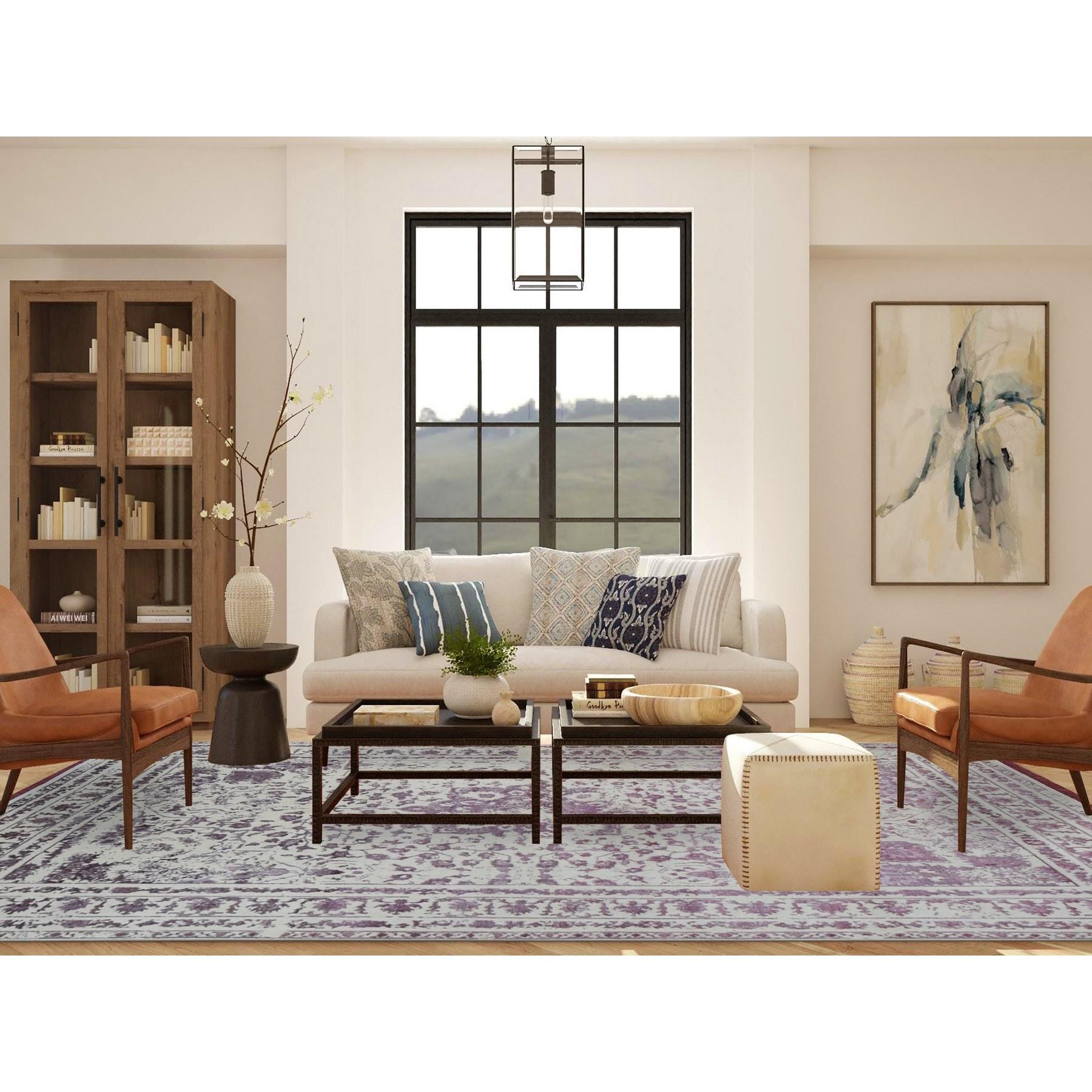 Ivory, Wool and Silk, Handmade, Broken and Erased Persian Medallion Design, Oriental Rug
Primary materials: Wool & Silk
Latex: No Pile 
height: 0.25 Inches
Style: Transitional
Primary color: Ivory
Secondary colors: Twilight Lavender Purple
Pattern: