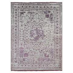 9'2"x12'1" Ivory, Wool and Silk, Handmade, Broken and Erased Persian Design Rug