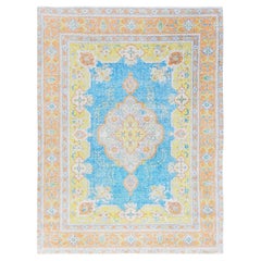 9'2"x12'1" Maya Blue Painted Vintage Persian Tabriz Hand Knotted Pure Wool Rug
