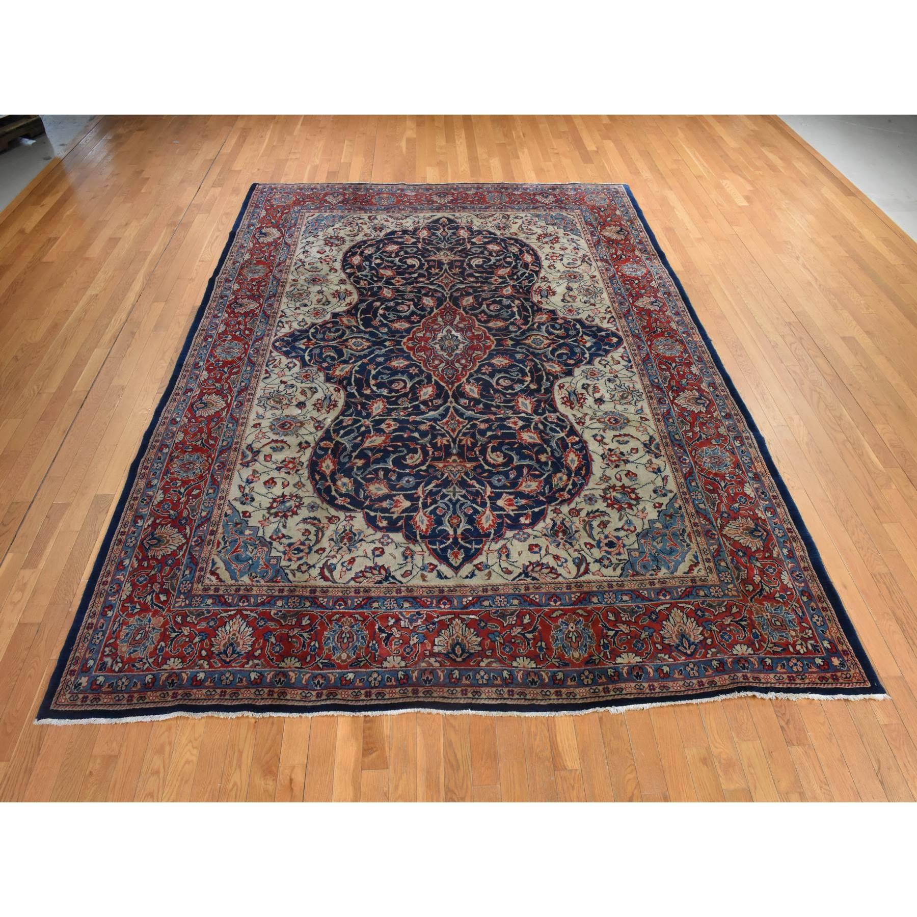 Navy Blue, Vintage Persian Sarouk Mahal, Medallion Design, Clean, Soft with Full Even Pile, 100% Wool, Hand Knotted, Oriental Rug
Primary materials: Wool
Latex: No Pile 
height: 0.25 Inches
Style: Traditional
Primary color: Blue
Secondary colors: