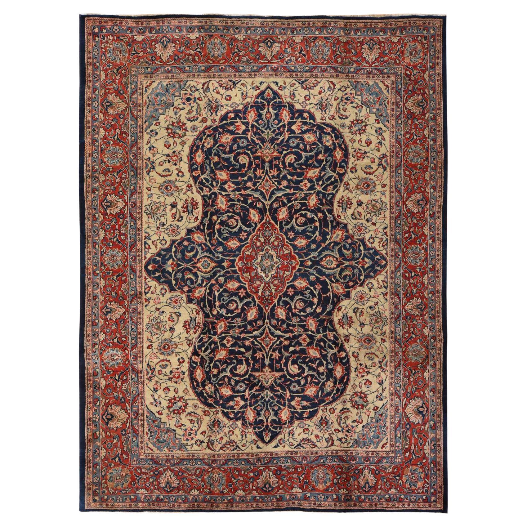 9'2"x12'1" Navy Blue Vintage Persian Sarouk Mahal Hand Knotted Wool Oriental Rug For Sale