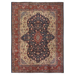 9'2"x12'1" Navy Blue Vintage Persian Sarouk Mahal Hand Knotted Wool Oriental Rug