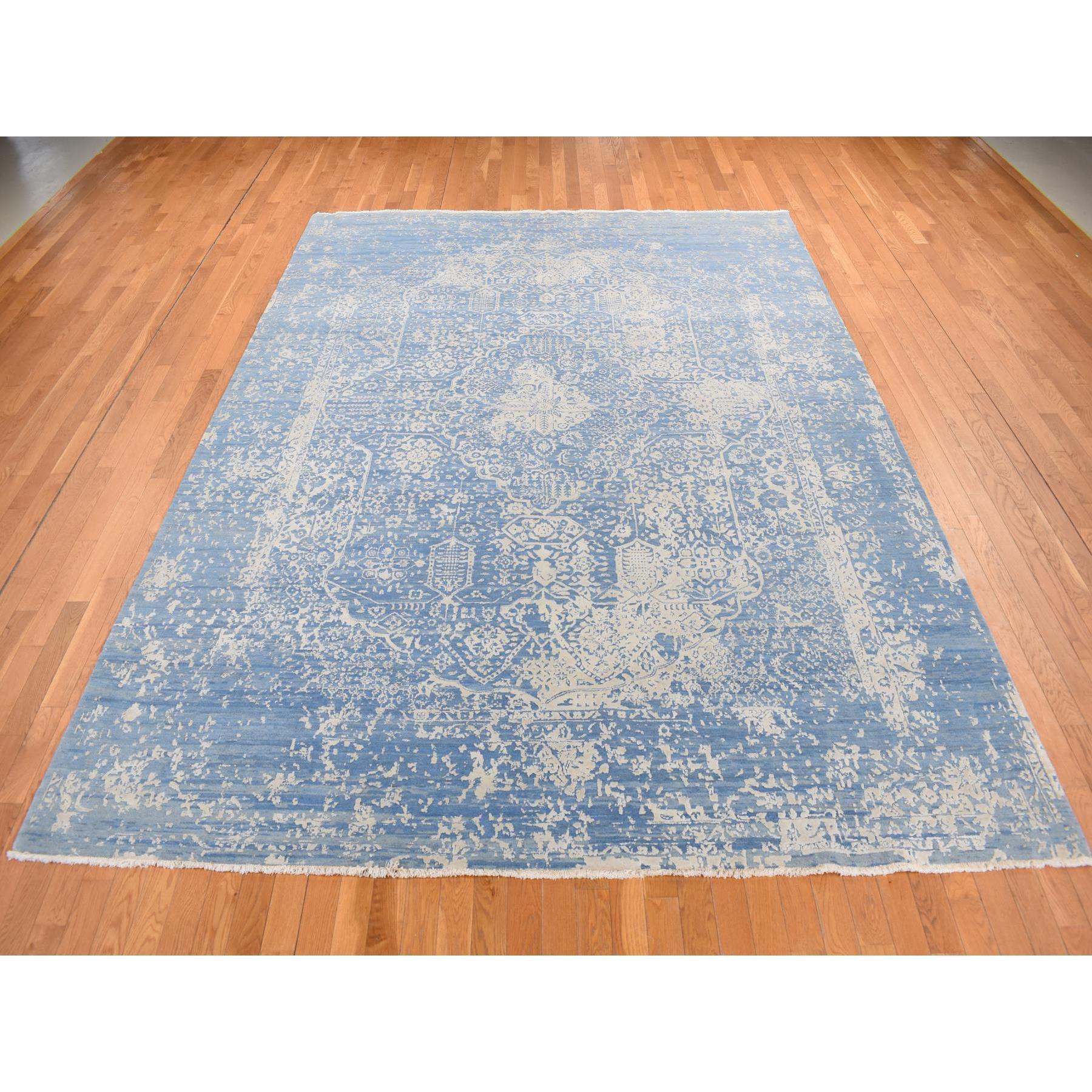 Steel Blue, Broken and Erased Persian Design, Wool and Pure Silk, Hand Knotted, Oriental Rug
Primary materials: Wool & Silk
Latex: No Pile 
height: 0.25 Inches
Style: Transitional
Primary color: Blue
Secondary colors: Ivory
Pattern: Oriental