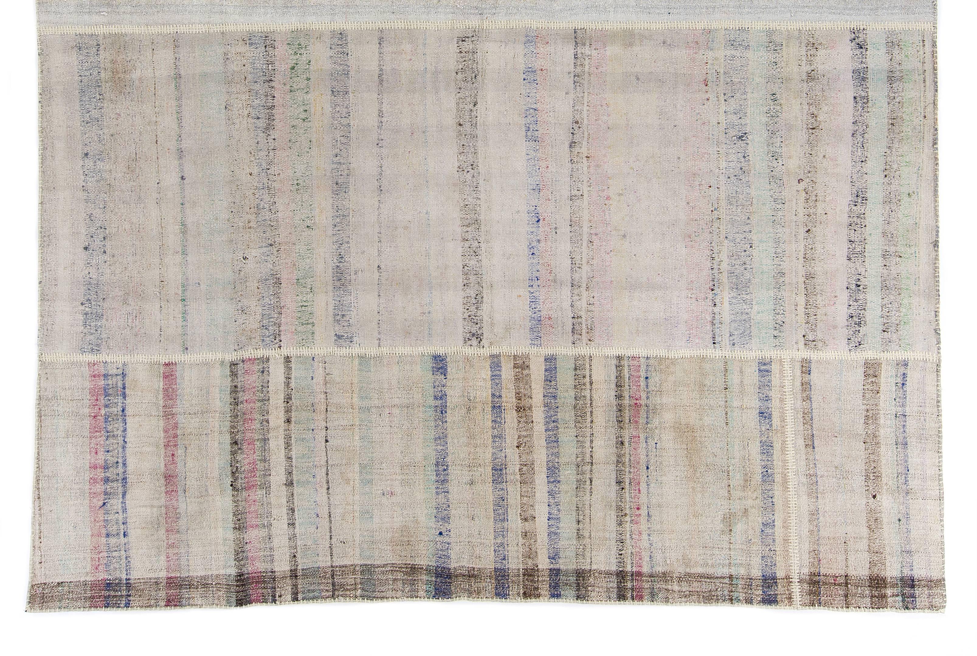 Hand-Woven 9.2x12.2 Ft Vintage Cotton Rag Rug with Colorful Stripes, Flat Weave Kilim For Sale