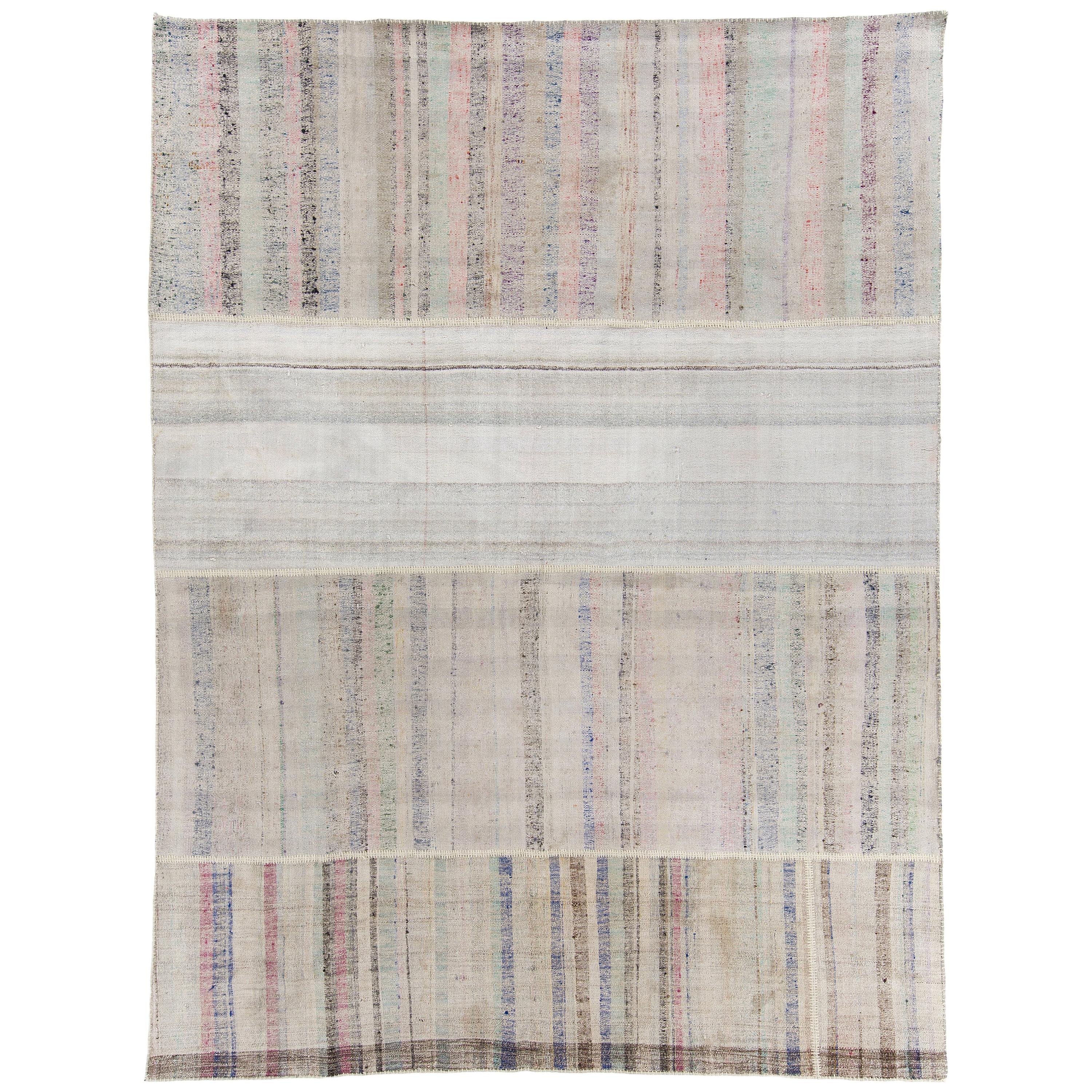 9.2x12.2 Ft Vintage Cotton Rag Rug with Colorful Stripes, Flat Weave Kilim