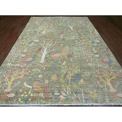 9'2"x12'2" Green Afghan Peshawar Birds of Paradise Design Wool Hand Knotted Rug