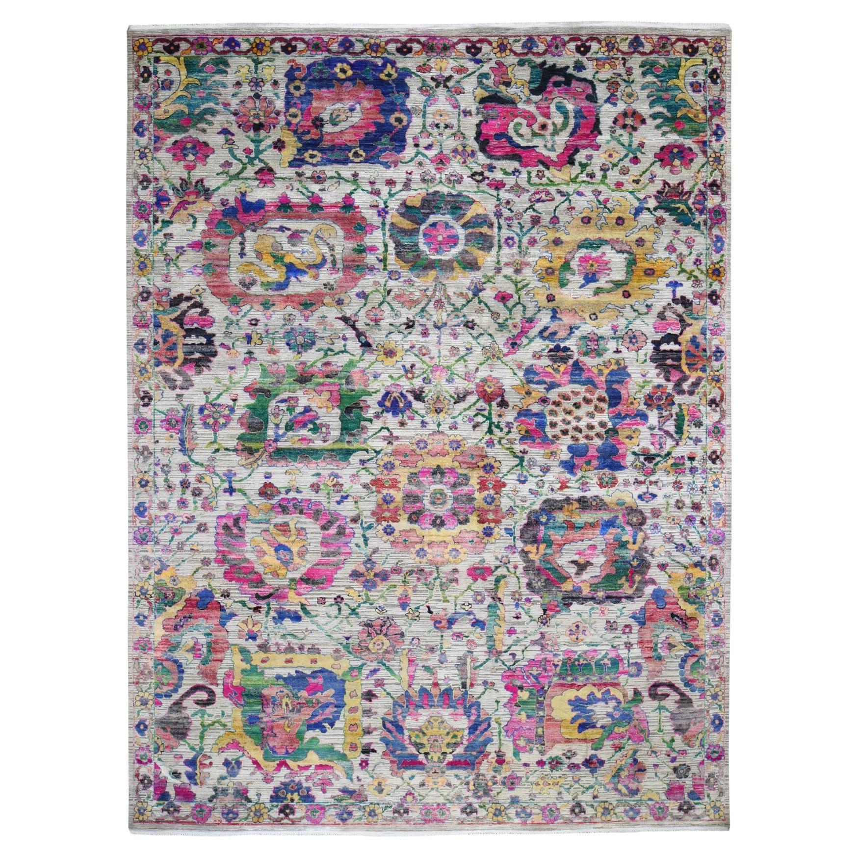 9
2"x12
2" Sulatanabad Re-Invented Colorful Sari Silk Big Flower Oriental Rug For Sale