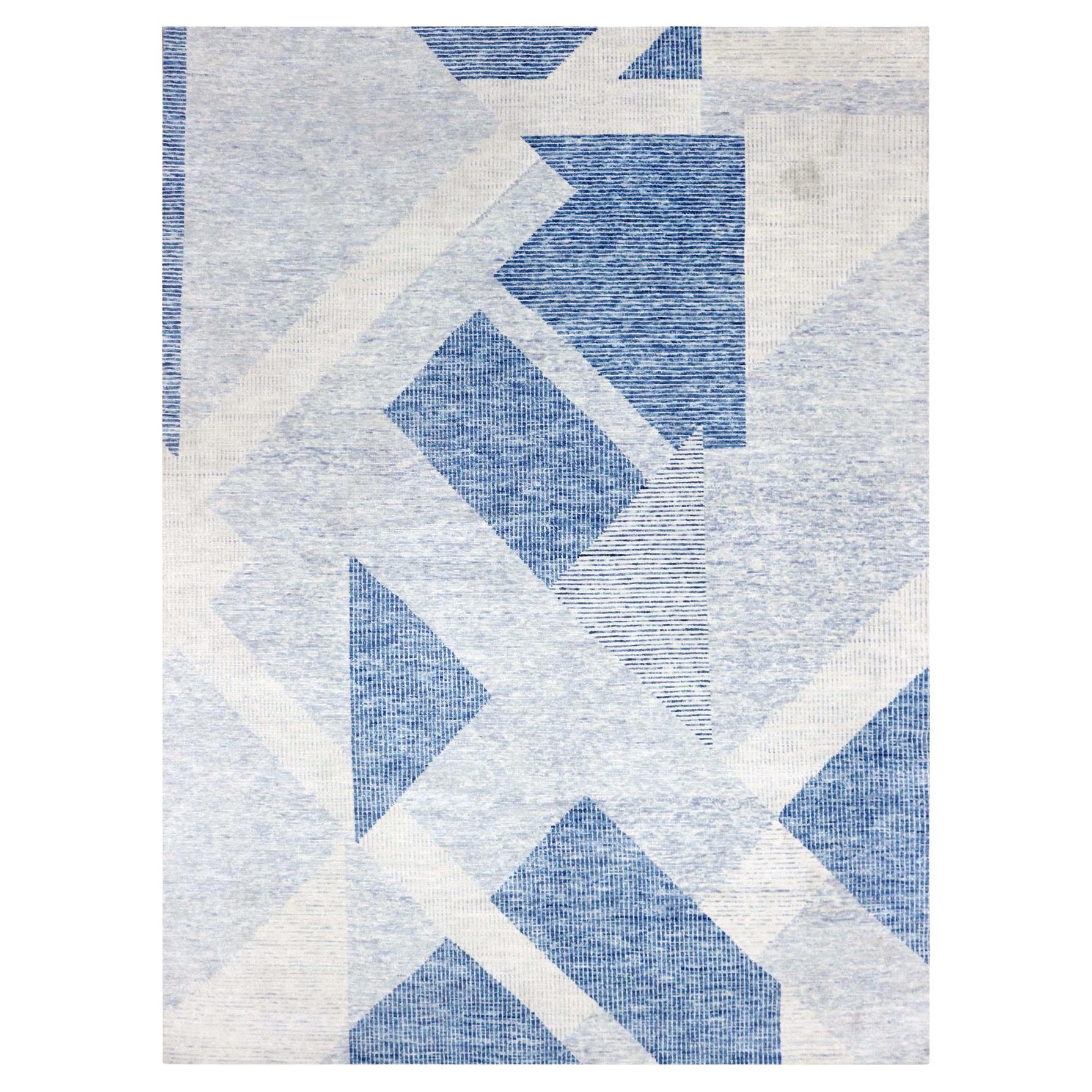 9'2"x12'3" Blue, Organic Wool, Hand Knotted Geometric Art Deco Collection Rug