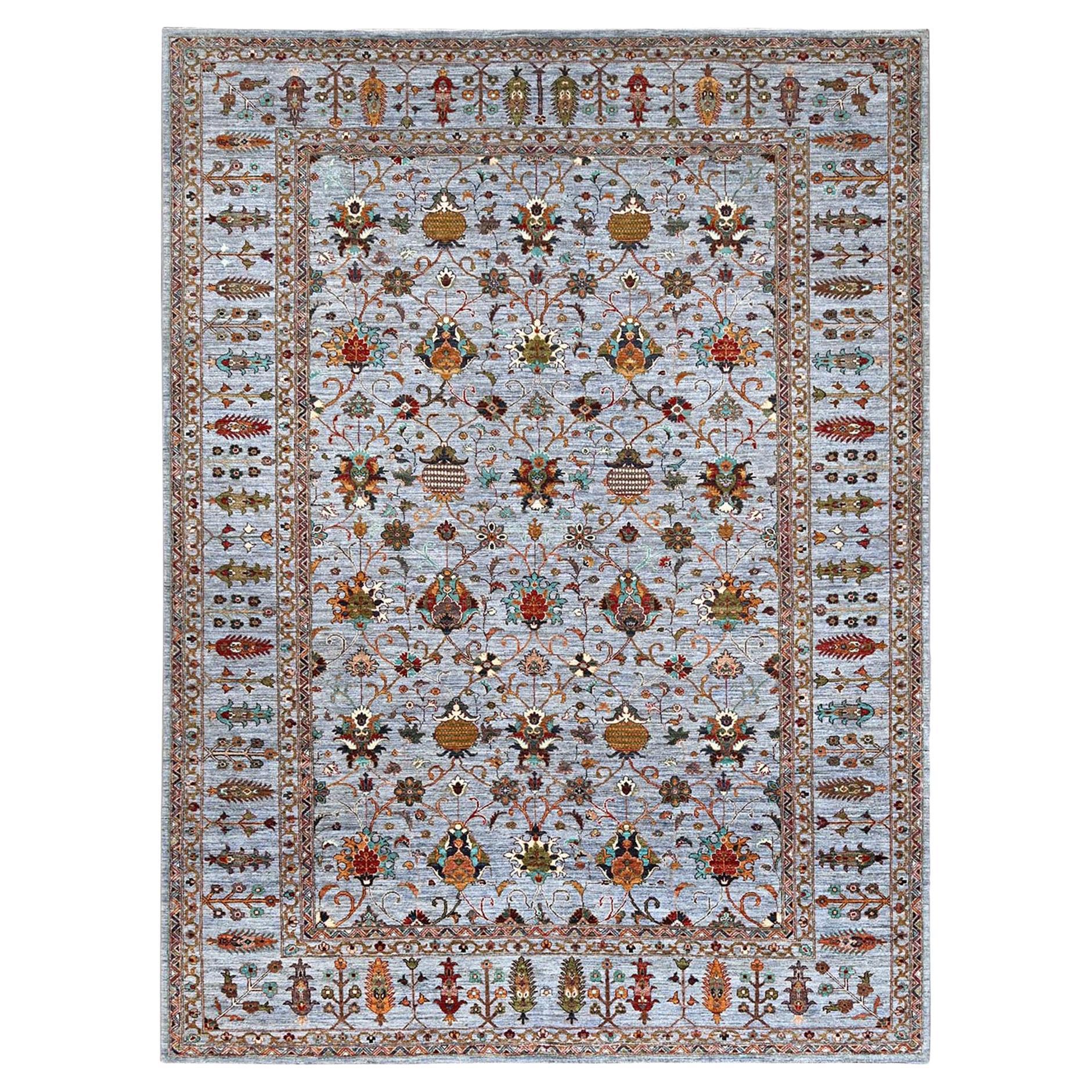 9'2"x12'4" Gray Soft Wool Hand Knotted Afghan Sultani Pomegranate Design Rug