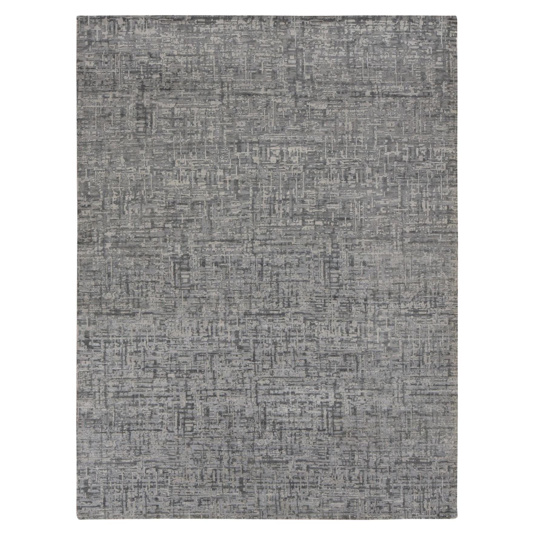 9'2 "x12'4" Gris, THE MATRIX, Soie et laine, Tapis noué à la main ton sur ton