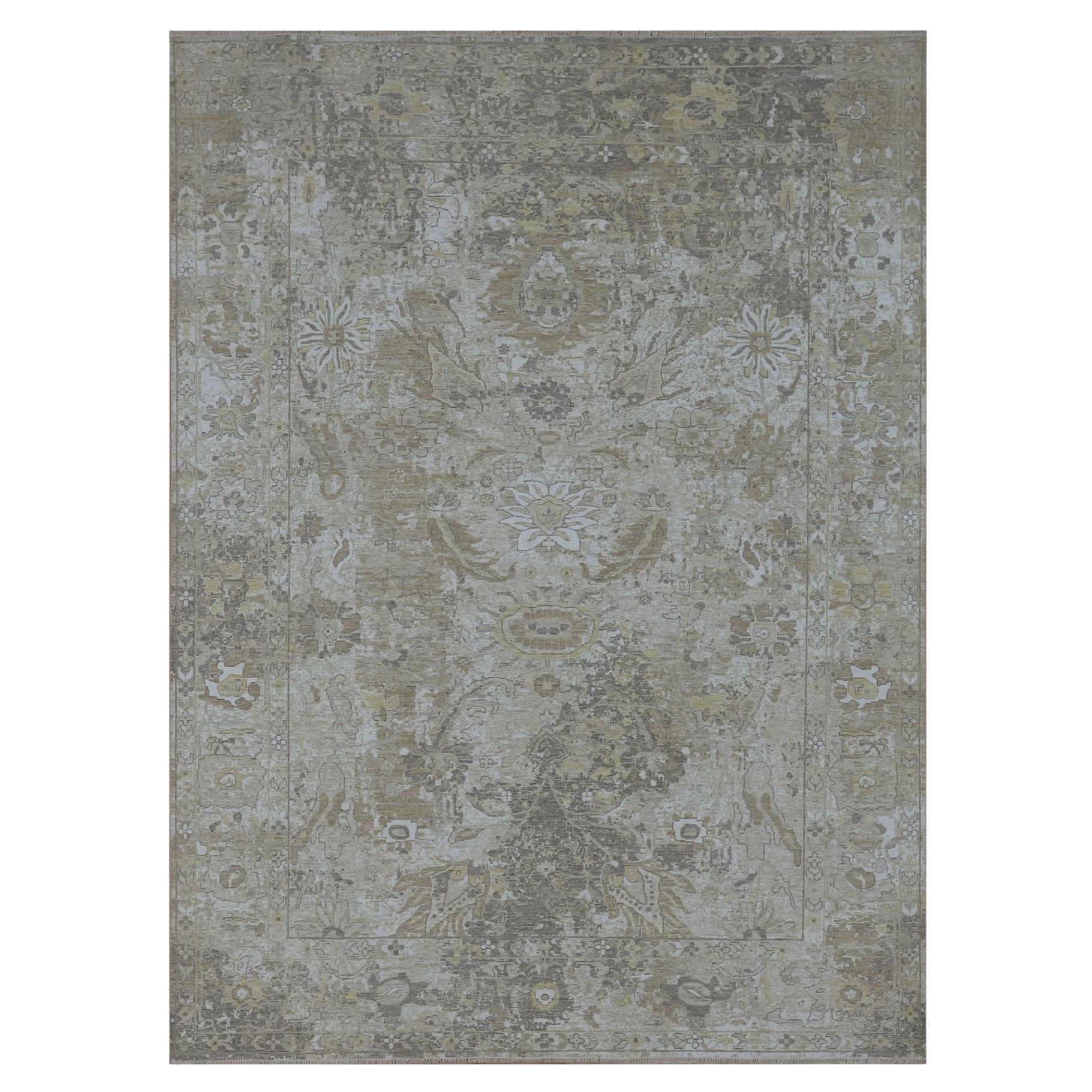 9'2 "x12'5" Gris con Beige Alfombra anudada a mano de pura lana con diseño borrado Sultanabad Rugs