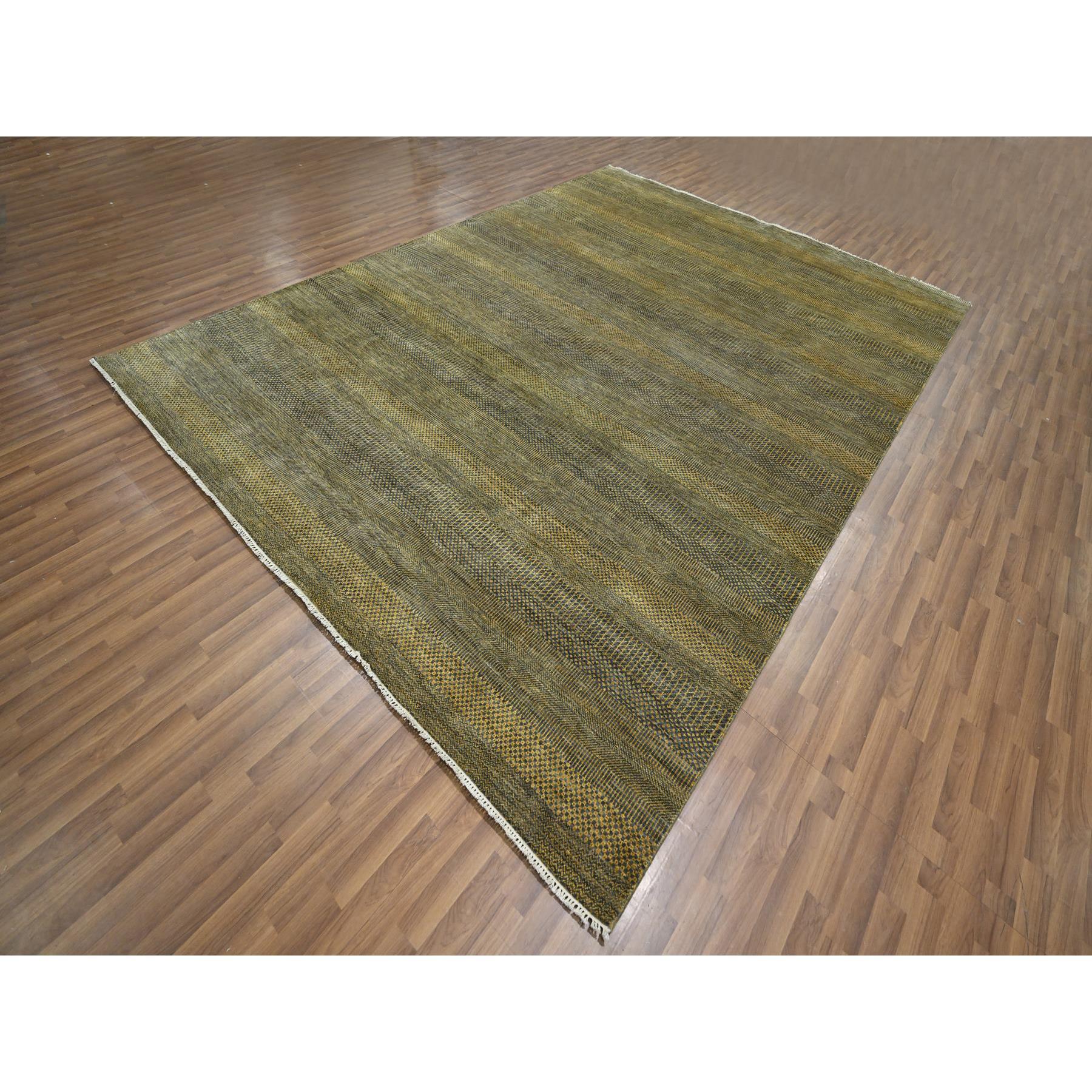Alfombra Oriental de Lana y Seda Anudada a Mano con Diseño Moderno de Hierba Marrón Hueso de 9'2 