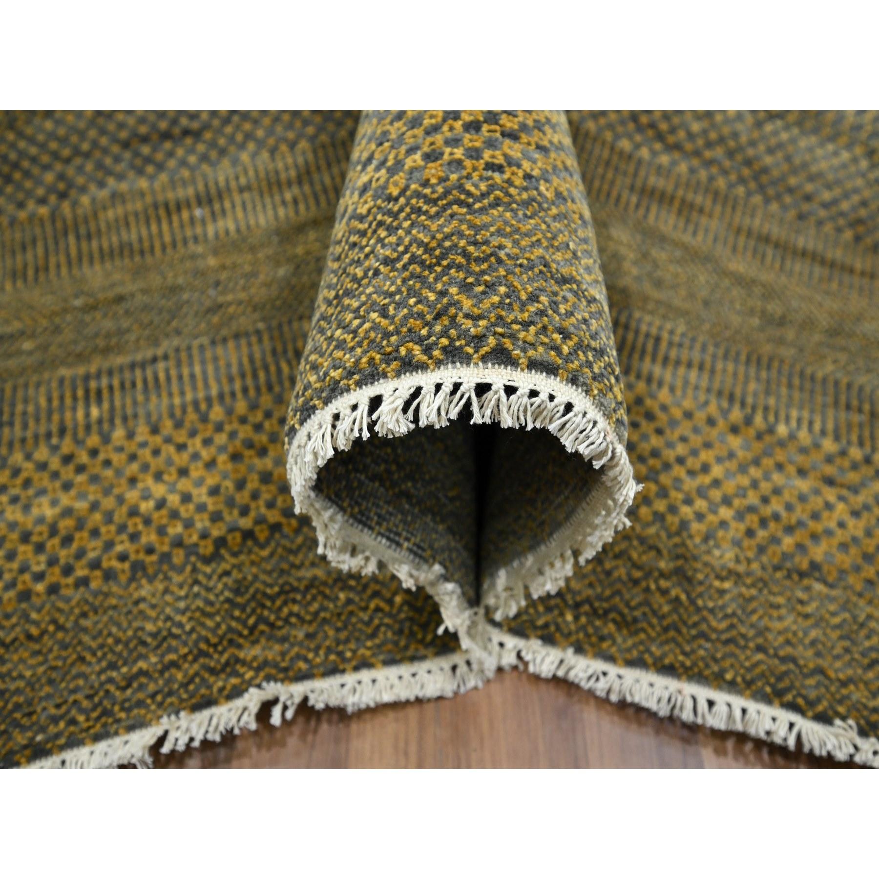 Alfombra Oriental de Lana y Seda Anudada a Mano con Diseño Moderno de Hierba Marrón Hueso de 9'2 