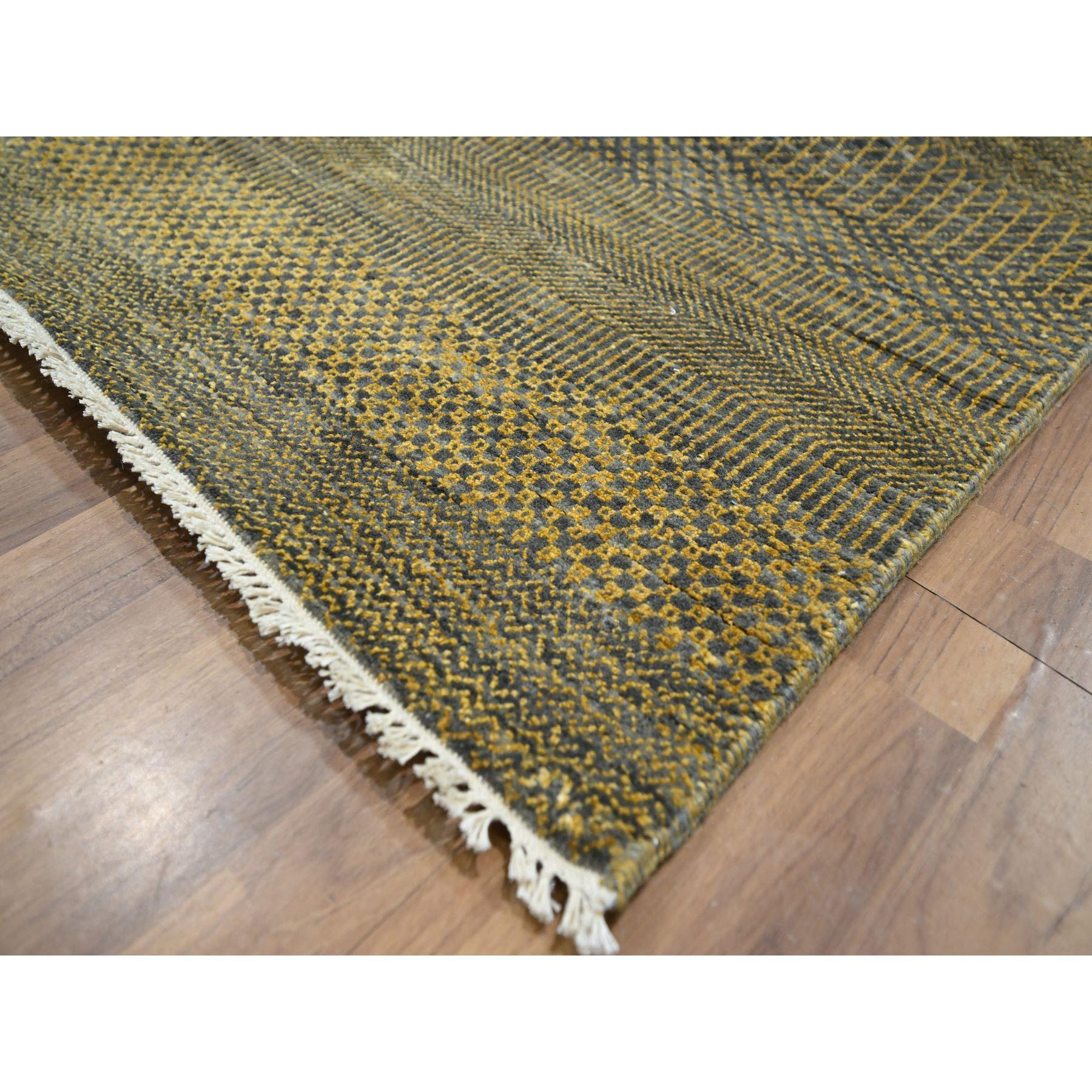 Alfombra Oriental de Lana y Seda Anudada a Mano con Diseño Moderno de Hierba Marrón Hueso de 9'2 
