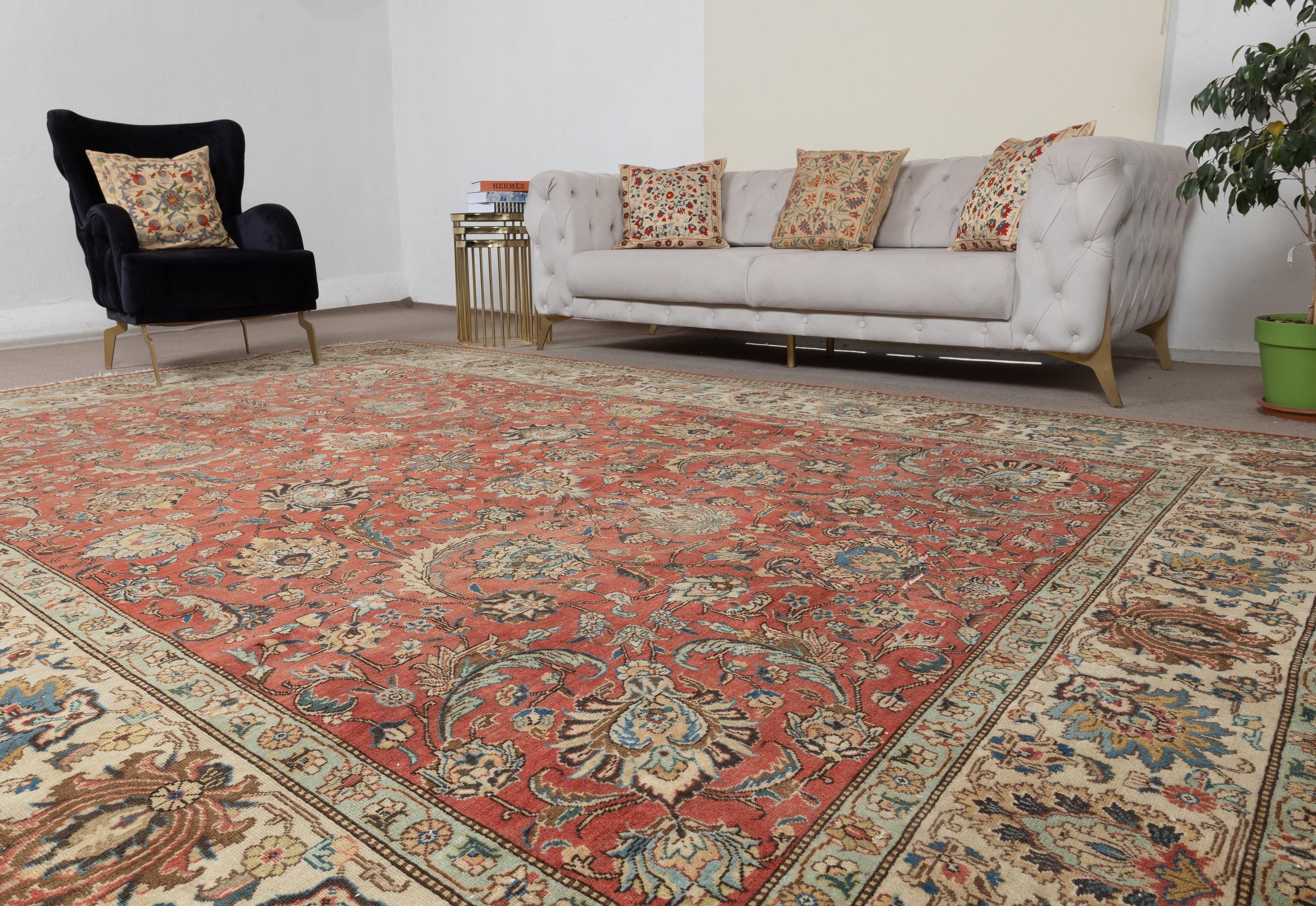 Alfombra Turca Vintage Roja Grande 9,2x12,7 Pies para el Salón Anudado a mano en venta