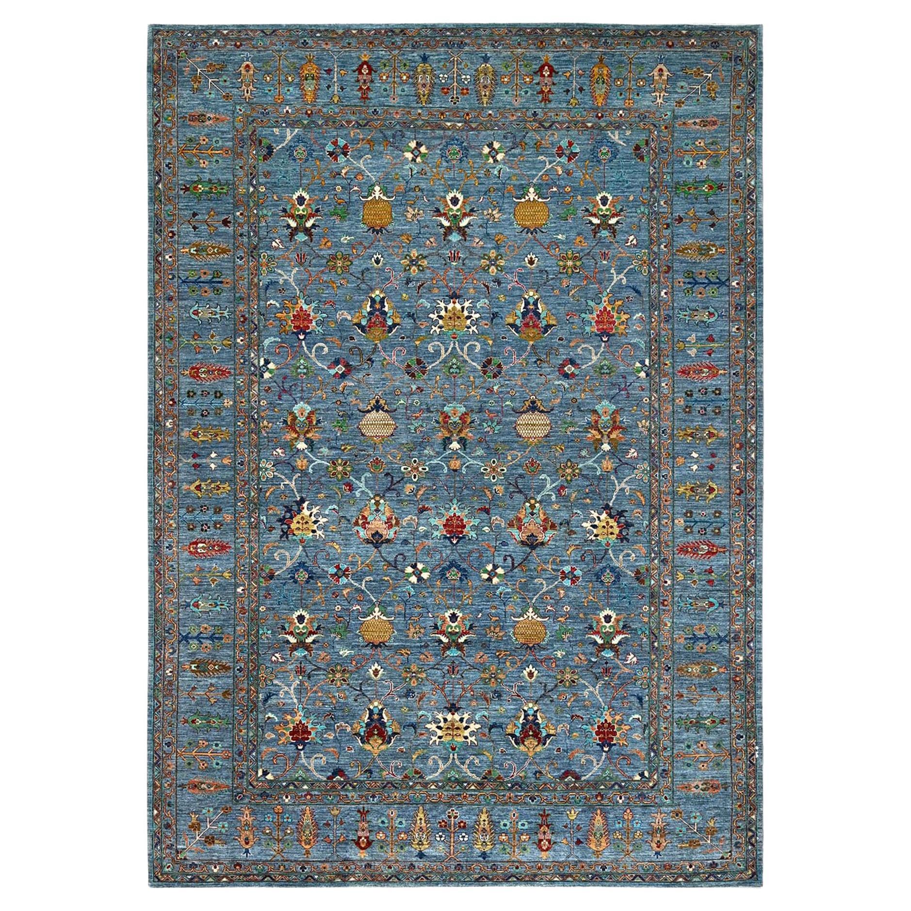 9'2 "x12'8" Laine bleue Afghan Sultani Noué à la main Pomegranate Design Rug Oriental