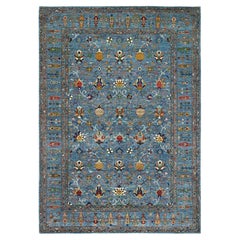 9'2 "x12'8" Laine bleue Afghan Sultani Noué à la main Pomegranate Design Rug Oriental