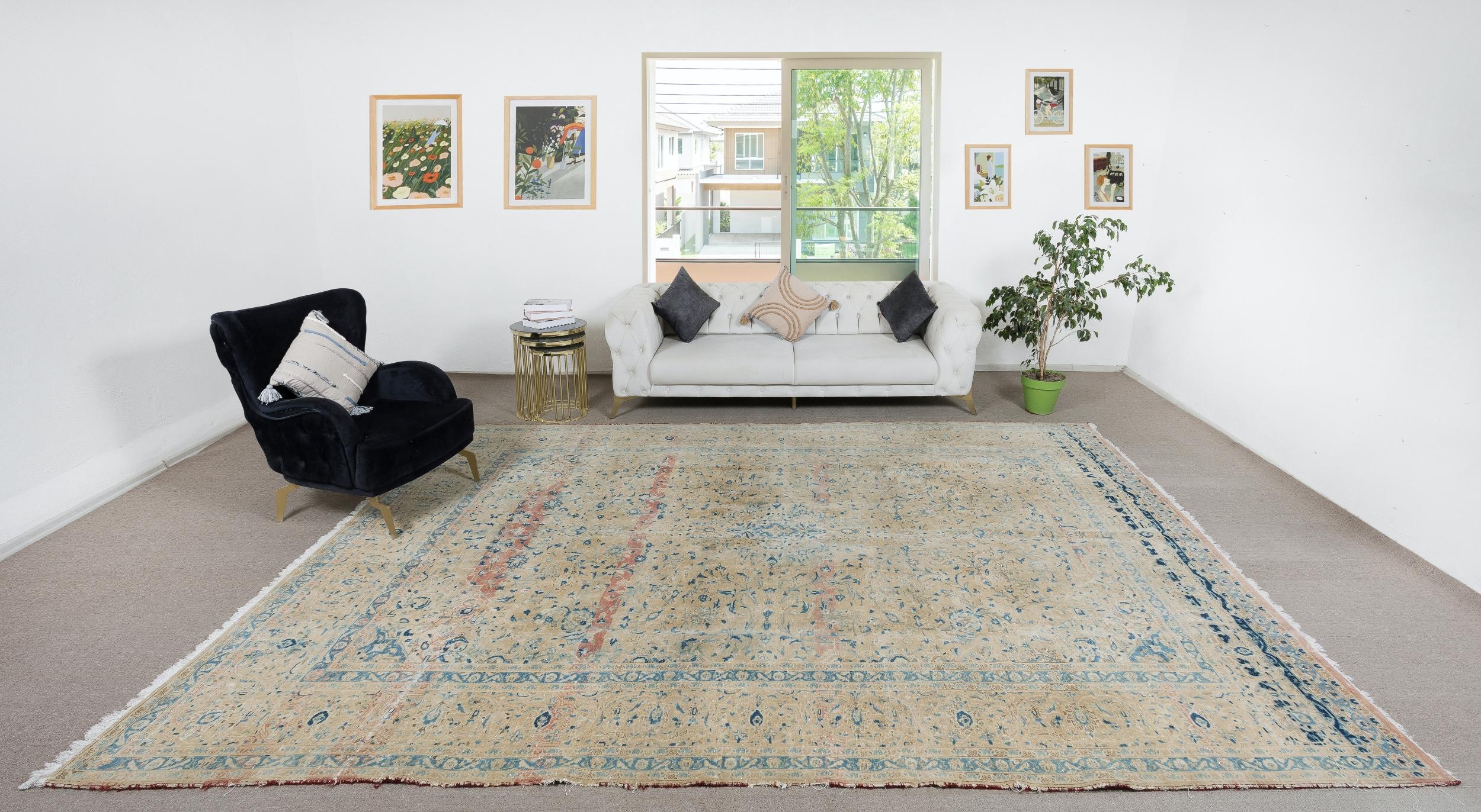 9.2x13 Ft Ein von einer Art Vintage Beige Large Area Rug. Handgeknüpfter türkischer Teppich (Land) im Angebot