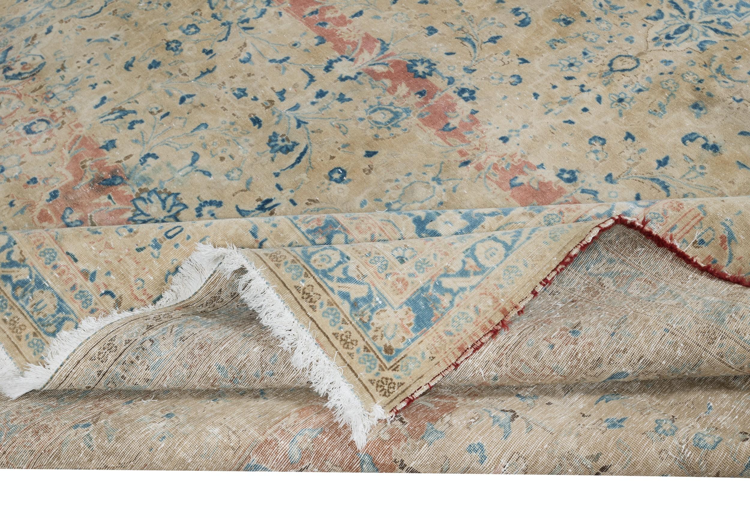 Country 9.2x13 Ft One of a kind Vintage Beige Large Area Rug, Handmade Turkish Carpet For Sale