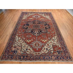 9'2"x14' Chili Red Antique Zoroastrian Serapi Hand Knotted Wool 1900s Clean Rug