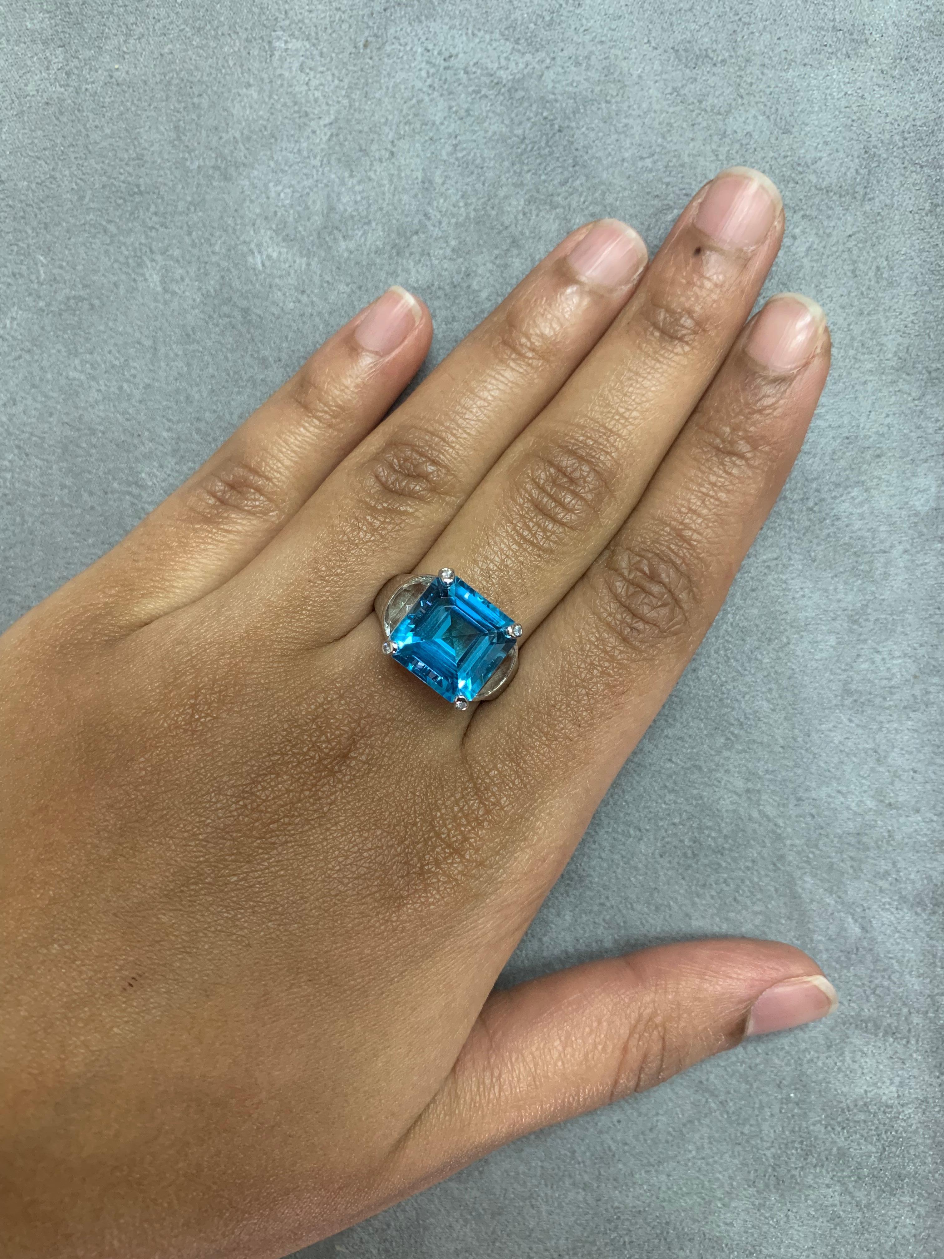 Sunita Nahata presents a collection of bold yet dainty cocktail rings. Each ring features a gorgeous octagon shaped gem set on a layer of channel set pink tourmalines and flanked with topaz and diamonds. This particular ring features a bold blue