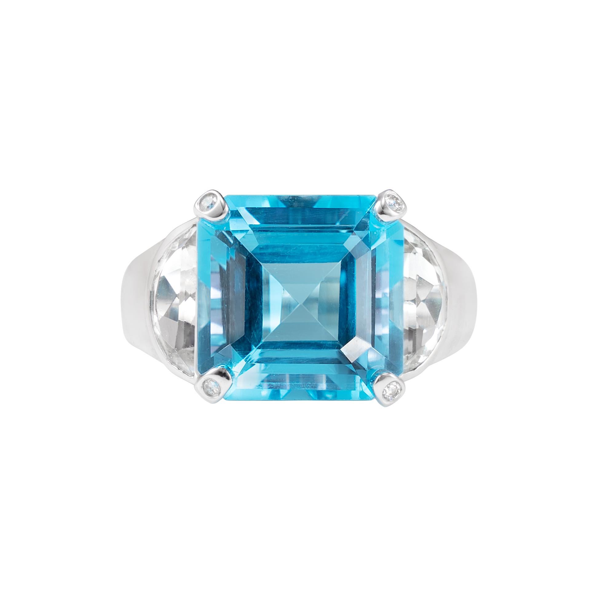 Modern 9.3 Carat Blue Topaz, Pink Tourmaline, & Diamond Ring in 18 Karat White Gold For Sale
