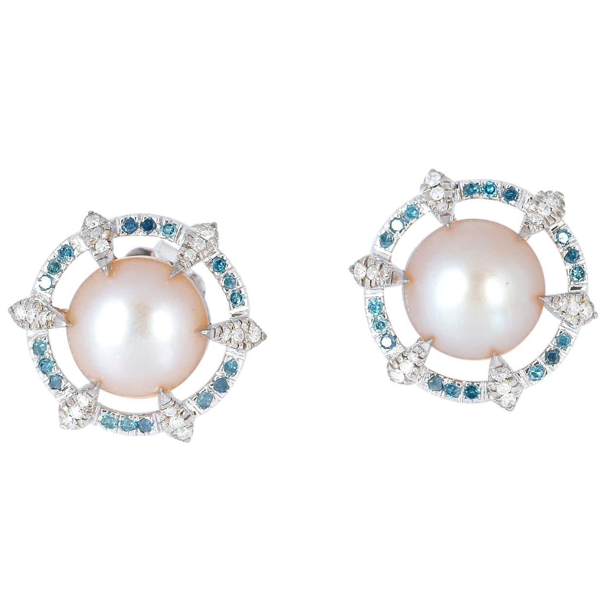 9.3 Carat Pearl Diamond 18 Karat Gold Stud Earrings For Sale